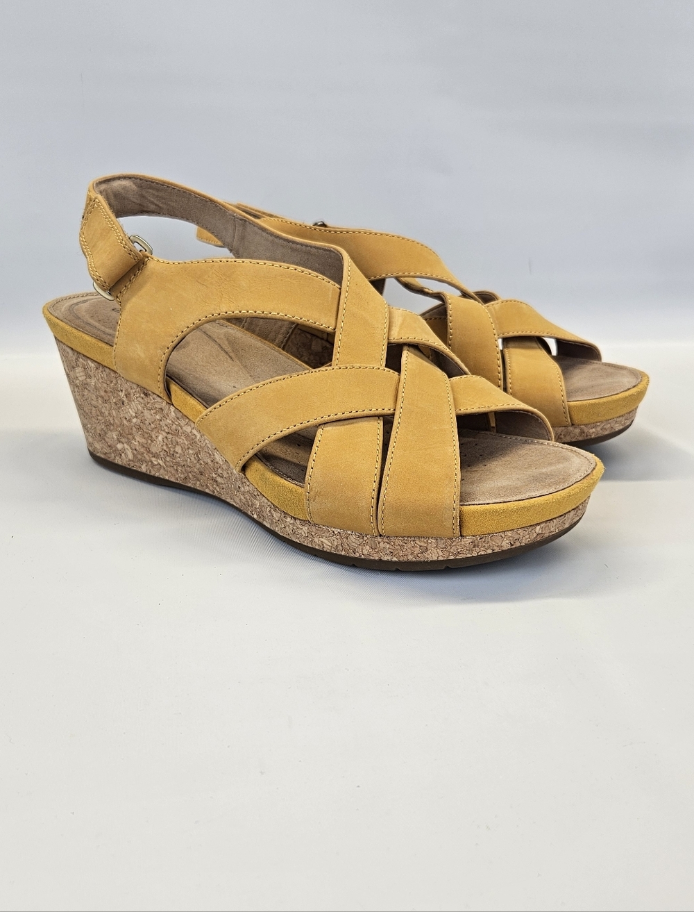 Clarks Wedges Un Capri Step Strappy Sandals Womens 10 Cork Leather Yellow